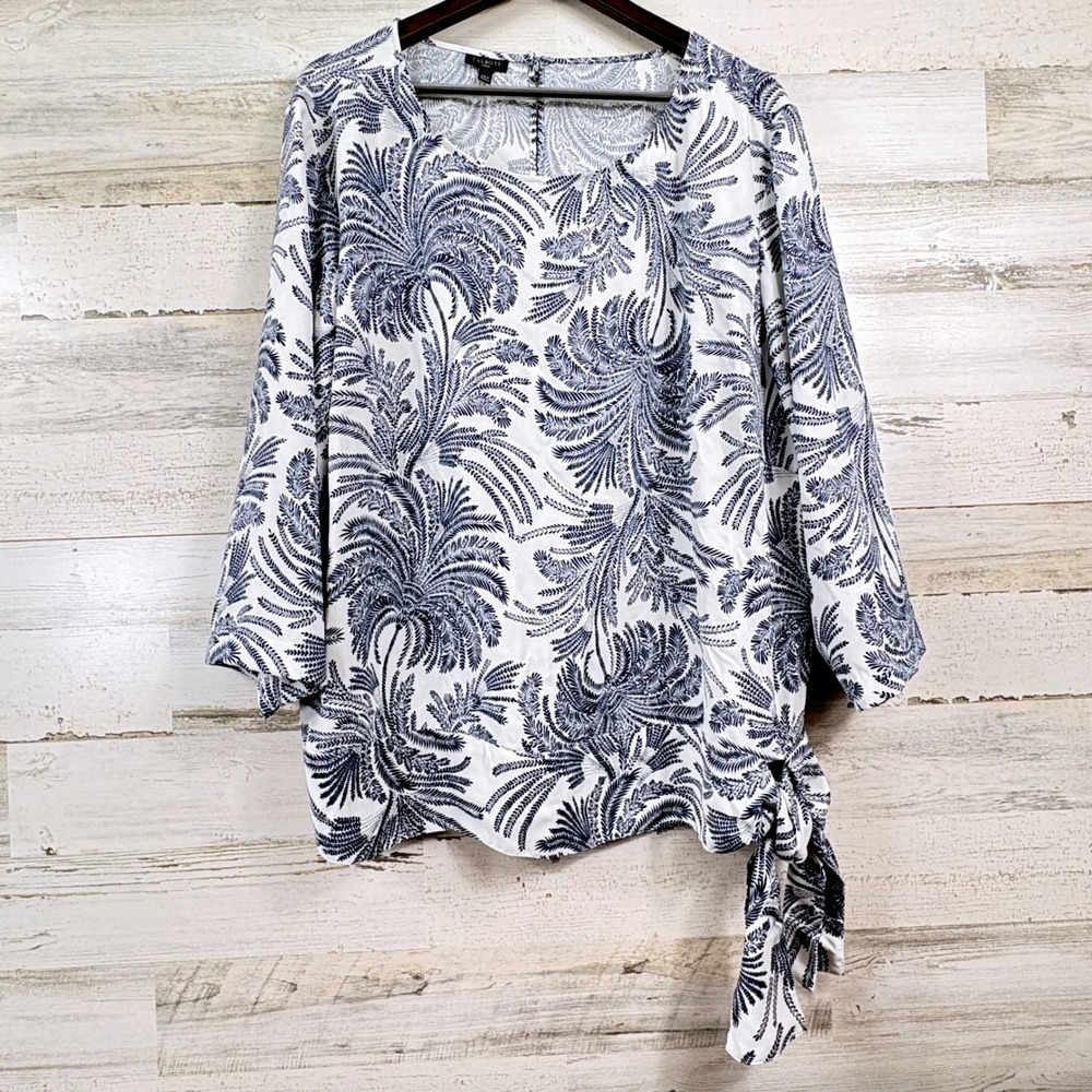 Talbots Blouse Womens 24W White Navy Palm Print Side Tie 3/4 Sleeve Coastal Chic